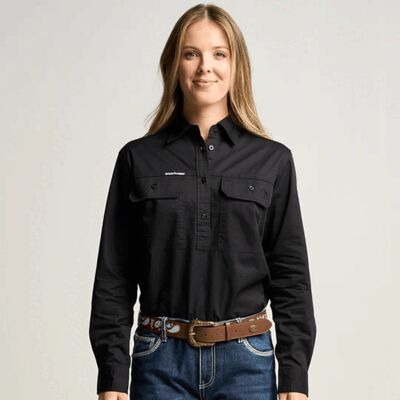 SOMERSET | Womens Half Button Long Sleeve Work Shirt - Black Thumbnail